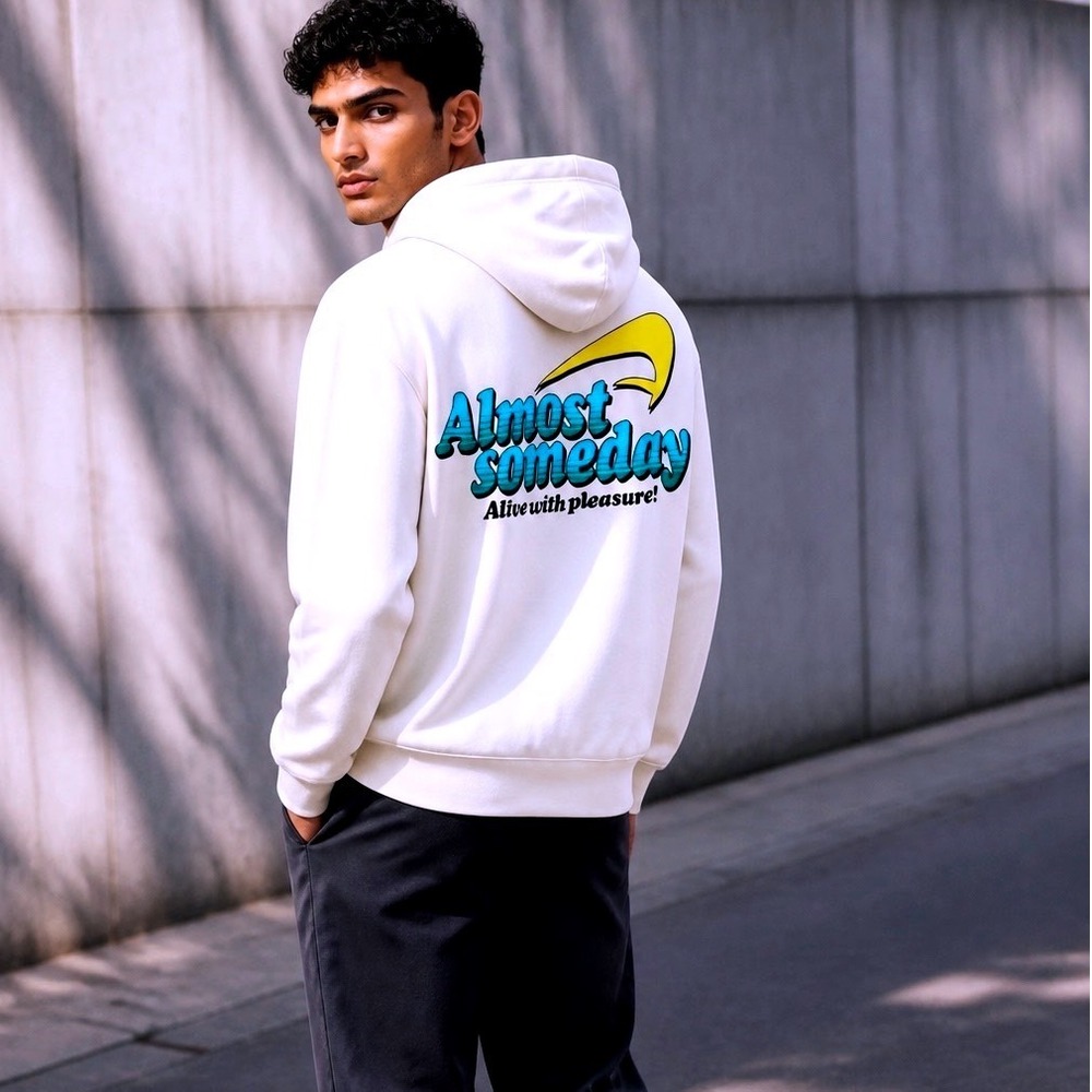 Almost Someday Mens Full Zip Hoodie Cream Retro Graphic Print Size S